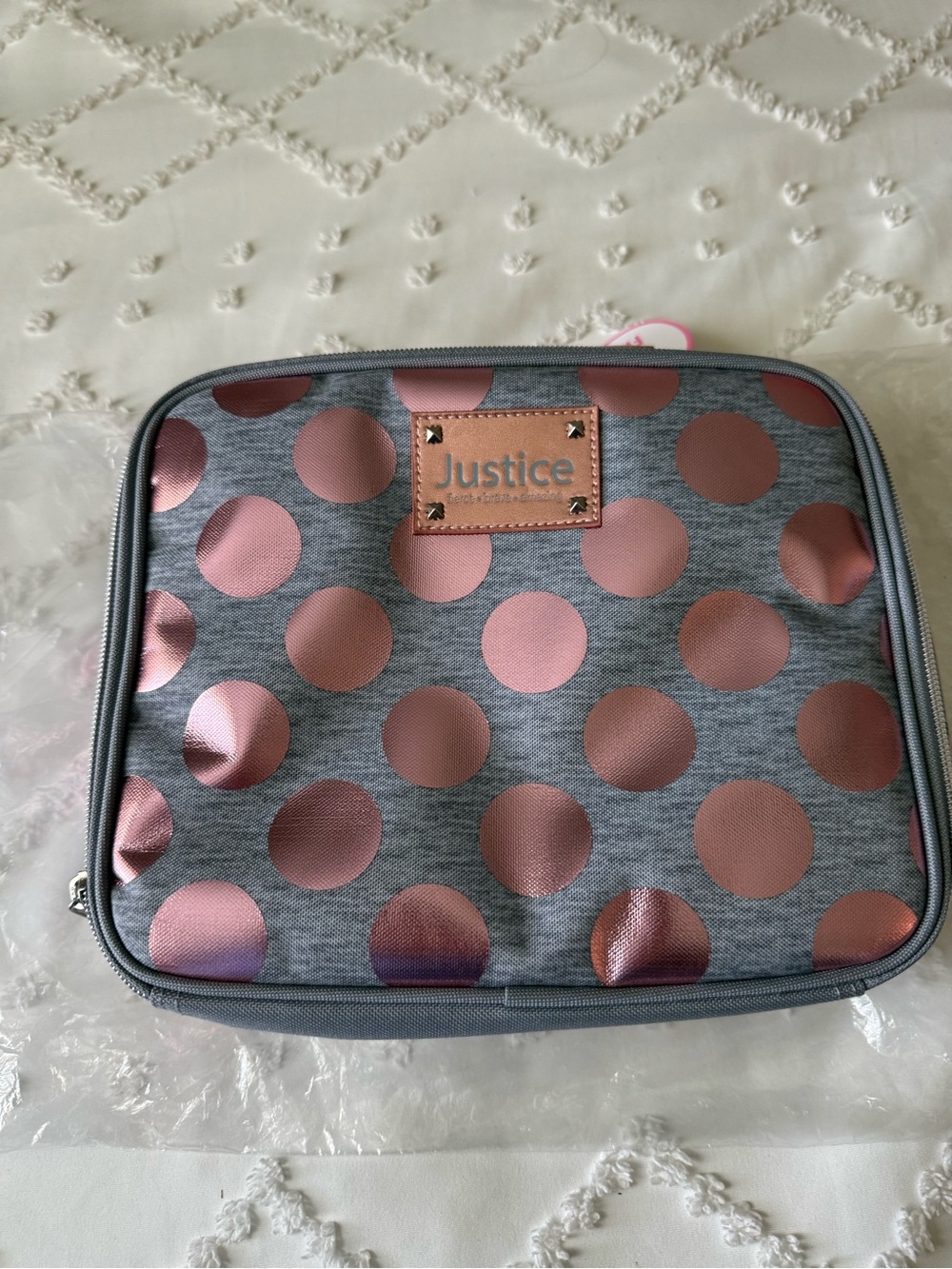 Justice Lunch Box with Pink Metallic Polka Dots